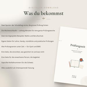 May include: A digital download document titled Pr&uuml;fungszeit featuring a list of contents in German. The document includes a graphic of a notebook, a pencil, and a mug. The text outlines study resources, exam preparation strategies, and emergency contact numbers for Switzerland.