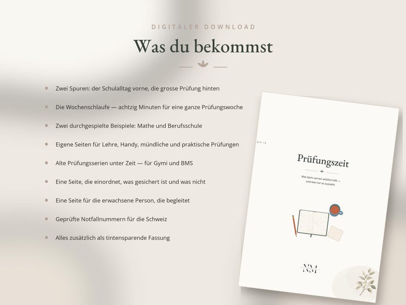 May include: A digital download document titled Pr&uuml;fungszeit featuring a list of contents in German. The document includes a graphic of a notebook, a pencil, and a mug. The text outlines study resources, exam preparation strategies, and emergency contact numbers for Switzerland.
