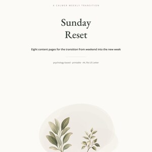 Op de afbeelding: Een printbaar document getiteld Sunday Reset, A Calmer Weekly Transition, met acht inhoudspagina's voor de overgang van het weekend naar de nieuwe week. De pagina bevat tekst over psychology-based, A4, fits US Letter en botanische illustraties.