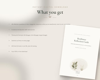 Könnte beinhalten: Ein digitales Download-Produkt mit dem Titel Resilience Reflection Cards. Das Dokument enthält 40 Reflexionsfragen in vier Kategorien, eine wissenschaftliche Einführung, drei Druckformate wie A6, Mini und Groß, gestrichelte Schnittlinien und vier PDFs.