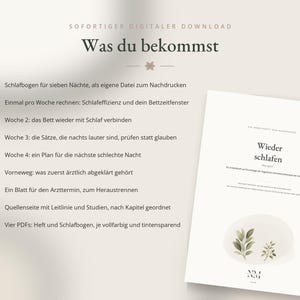 May include: A digital download document titled Wieder schlafen featuring a list of sleep tracking components in German. The page includes bullet points detailing weekly sleep logs, bedtime windows, and medical consultation sheets with botanical illustrations.