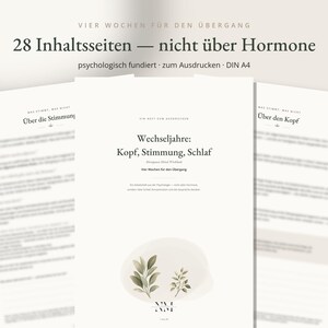 Puede incluir: Un conjunto de documentos imprimibles en formato A4 titulados Wechseljahre: Kopf, Stimmung, Schlaf, con 28 p&aacute;ginas de contenido psicol&oacute;gico. La portada muestra una forma beige abstracta con hojas verdes y texto en negro.