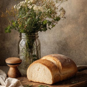May include: A loaf of sliced golden-brown bread sits on a dark wooden cutting board next to a clear glass mason jar filled with white wildflowers and green stems. A small wooden pestle and a piece of beige fabric are placed nearby.