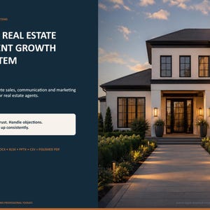 Könnte beinhalten: Ein digitales Marketing-Toolkit mit dem Titel The Real Estate Agent Growth System, bestehend aus einem dunkelblauen Bereich mit weißem Text und einem Foto eines modernen weißen Hauses mit gepflastertem Weg, dunklen Fensterrahmen und warmer Außenbeleuchtung in der Dämmerung.