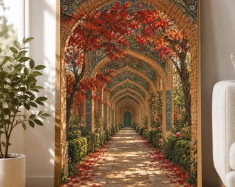 Archway Corridor Print | Autumn Leaves Wall Art | Persian Tiled Passage Painting