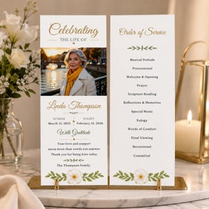 May include: A funeral program printed on white cardstock with gold text. The left side features a photo of a woman, the name Linda Thompson, dates, and a thank you message. The right side lists the Order of Service. Both sides feature floral art.