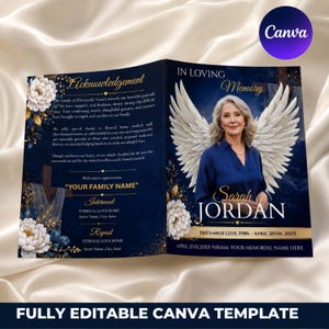May include: A funeral program template featuring a dark blue background with gold accents, white floral illustrations, and a portrait of a person with large white angel wings. The text includes In Loving Memory, Sarah Jordan, and acknowledgement sections.