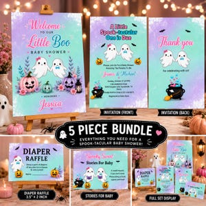 May include: A five-piece baby shower stationery bundle featuring a pastel purple and teal gradient background with ghost illustrations, pumpkins, and black cauldrons. The set includes a welcome sign, invitation, thank you card, diaper raffle, and book request card.