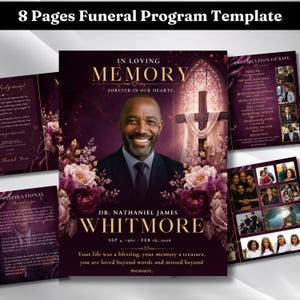 Può includere: Un modello di programma funebre di 8 pagine con sfondo viola scuro e testo dorato. La copertina mostra il ritratto di un uomo, una croce e fiori. Le pagine aggiuntive mostrano i dettagli del servizio, letture e collage di foto.