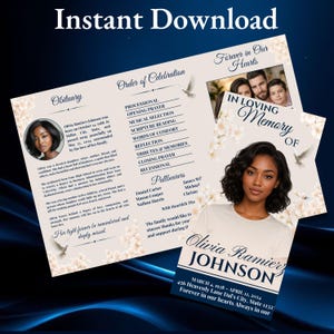 May include: A funeral program template featuring a cream background with cherry blossom accents. The text includes "In Loving Memory of Olivia Ramirez Johnson," "Obituary," "Order of Celebration," and "Forever in Our Hearts," along with placeholder photos.