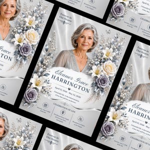 May include: A funeral program template featuring a portrait of a woman, floral arrangements of white lilies and grey roses, and the text Eleanor Grace Harrington, April 12, 1948 - May 24, 2026, Forever in Our Hearts, and Celebration of Life.