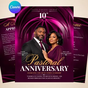 May include: A flyer for a 10th pastoral anniversary featuring a man in a suit and a woman in a purple dress. The text reads Faith Harvest Church presents 10th Pastoral Anniversary, Pastor James Dawson, First Lady Sarah Dawson, and Celebrating a Decade of Faithful Leadership.