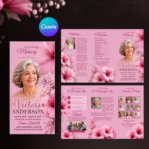 May include: A pink funeral program template featuring floral hibiscus accents and photos of Victoria Anderson. The text includes In Loving Memory, Order of Celebration, and biographical details. The layout displays multiple panels with text sections.