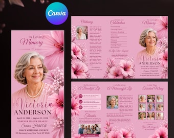 Dreifach gefaltetes Trauerprogramm mit rosa Blumenmuster, bearbeitbare Canva-Vorlage, Gedenkheft mit Hibiskusblüten und Fotos, Feier des Lebens der Mutter