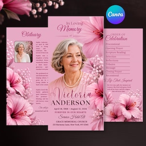 May include: A pink funeral program template featuring a portrait of a woman, floral hibiscus illustrations, and text including In Loving Memory, Victoria Anderson, April 18, 1968 - August 12, 2026, Obituary, and Order of Celebration details.