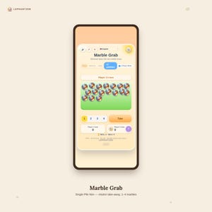 Peut inclure: Un écran de smartphone affichant l'interface du jeu Marble Grab. L'écran montre un champ vert avec dix-sept billes rondes de couleur métallique, un indicateur de tour pour le joueur 1 et des boutons étiquetés 1, 2, 3, 4 et Take.