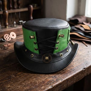 Genuine Leather Steampunk Top Hat, Black Green Gothic Victorian Cosplay Accessory