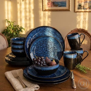 Blue Reactive Glaze Dinnerware Set | Round Ceramic Pottery Dishes | Eco-Friendly Western Style Tableware