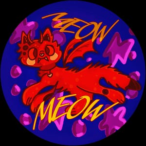May include: A circular graphic illustration featuring a bright red winged cat creature with small horns and a heart-shaped collar tag. The background is deep blue with purple star and circle shapes. The text MEOW appears in yellow at the top and bottom.