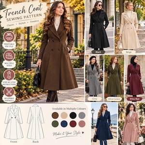 Könnte beinhalten: Ein digitales Schnittmuster für einen zweireihigen Trenchcoat mit ausgestelltem Rock, fallendem Revers und langen Ärmeln. Das Bild zeigt den Mantel in Braun, Schwarz, Beige, Grau, Olivgrün, Weinrot, Marineblau und Rosa sowie als Schnittzeichnung.
