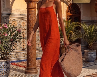 Women's Linen Maxi Dress | Spaghetti Strap Boho Beach Sundress