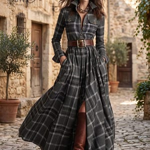 Vestido largo a cuadros de talla grande / Vestido camisero de tartán con botones / Estilo Dark Academia