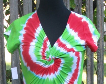 Watermelon Tie-Dye Twist Front Festival Dress with Short Sleeves