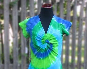 Twist-front Blue and Green Short-Sleeved Tie-dye Dress