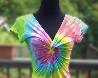 Short-sleeved Tie-Dye Pastel Rainbow Twist Front Dress