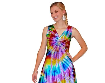 Tie-Dye Sleeveless Festival Midi Dress with Twist Front