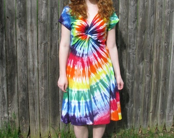 Tie-Dye Rainbow Festival Dress with Twist Front and Short Sleeves