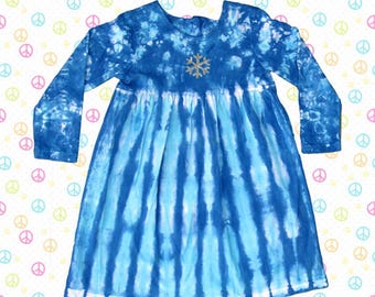 Winter Sale - Infant Long Sleeve Tie-Dye Dress in Blue with Sparkly Snowflake