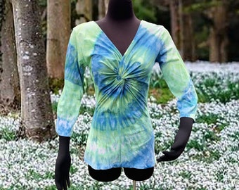 Tie-Dye Twist Front Shirt with 3/4 Sleeves in Blues and Greens