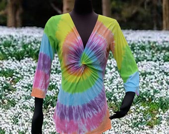 Tie-Dye Twist Front Shirt with 3/4 Sleeves in Pastel Rainbow