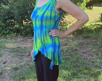 June Sale: Tie-Dye Tank Top With Ruffled Asymmetric Hem in Ocean Colors
