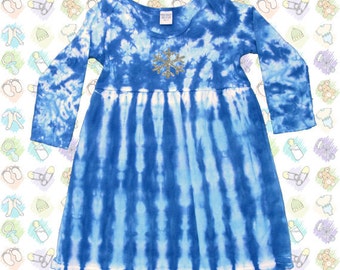 Next Day Shipping! Infant Long Sleeve Tie-Dye Dress in Blue with Sparkly Snowflake