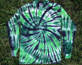 Green and Black Spiral Tie-dye Long-sleeved Tee Shirt