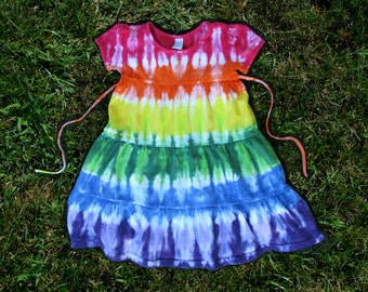 Rainbow tie-dye short-sleeved dress with ties and tiers