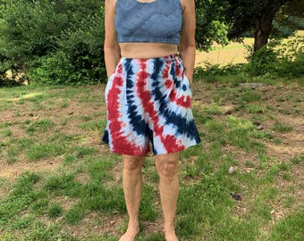 Tie-Dye Shorts in Red, White, and Blue sizes S, M, and XL