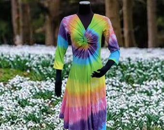 Winter Sale - Tie-Dye Pastel Rainbow Festival Dress with Twist Front and 3/4 sleeves
