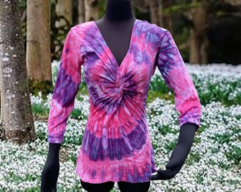 Tie-Dye Twist Front Shirt with 3/4 Sleeves in Pink and Purple