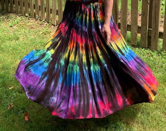Long Tie-Dyed Rainbow and Black Gypsy Skirt