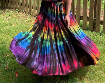 Long Tie-Dyed Rainbow and Black Gypsy Skirt