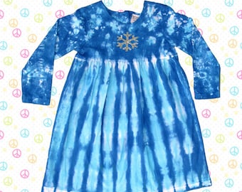 Next Day Shipping ! Kids Long Sleeve Tie-Dye Blue Dress with Sparkly Snowflake