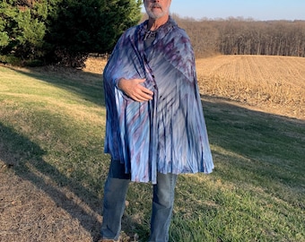 Soft bamboo and cotton ice-dyed cape with hood in blue and purple