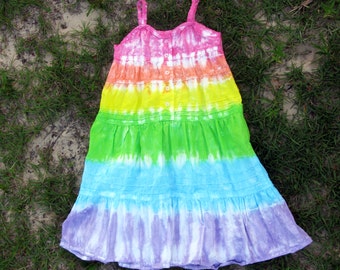 Girls sleeveless tie-dye pastel rainbow dress with lace