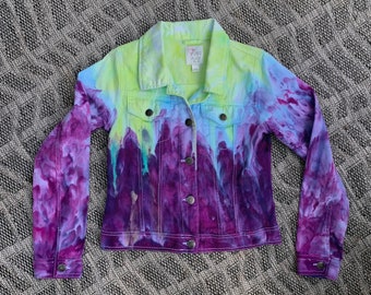 Snow Dyed Denim Jacket in Purples and Green, size kids XL (14)