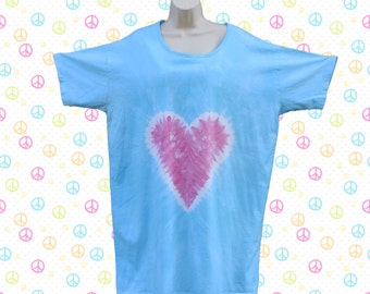 Pink Heart on Blue Tie-dye Sleep Tee, Dress, or Beach Cover-Up