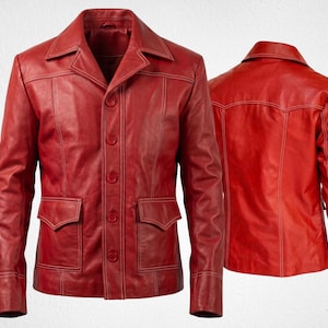 May include: A bright red leather jacket featuring a classic collar, long sleeves, and a front button closure. The garment includes two front flap pockets at the waist and prominent white contrast stitching along the seams, shown from both front and back.