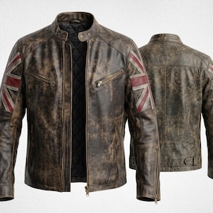 Men’s Union Jack Biker Jacket, Distressed Brown Leather Motorcycle Jacket